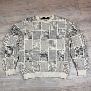 Vintage 90s Bill Blass Plaid Checkerboard Textured Cotton Blend Sweater Size‎ L